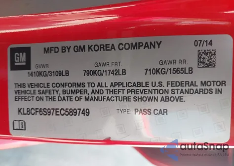 2014 Chevrolet Spark 2Lt Auto z USA, uszkodzony, nr VIN KL8CF6S97EC589749